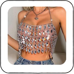 Aukmla Rhinestones Bra Chain Top Silver Halter Crystal Chest Body Chains Beach Bikini Nightclub Crop Tops for Women