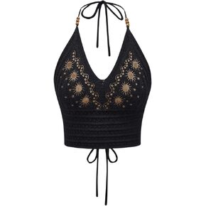 SHENHE Women's Open Back Knitted Halter Crop Top Tie Backless Embroidered Hippie Top