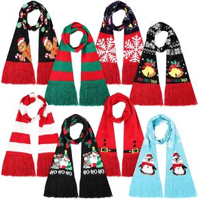 Coume 8 Pcs Christmas Knitted Scarf with Tassels Unisex Xmas Winter Neck Warmer Scarf Red Long Scarves for Men Women Holiday Gift