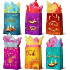 Cholemy 18 Pcs Happy Diwali Gift Bags Bulk Festival of Lights Favors Bags with Handles and Sydney Paper Diwali Birthday Present Bags Deepavali Party Supplies for Indian Diwali Light Party Decoration