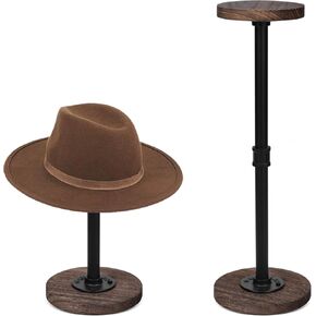 2 Pcs Tabletop Hat Stand Cap with Height Adjustment, Industrial Metal Pipe Rustic Burnt Wood Hat Rack, Wig Rack or Jewelry Display Riser