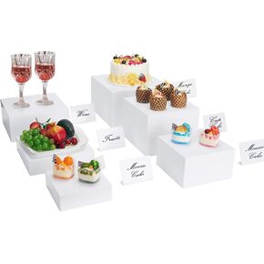 Buffet Risers 6PSC, White Acrylic Risers Display Stands with 6 Mini Table Signs Food Risers Acrylic Cube Boxes with Hollow Bottoms for Party Wedding
