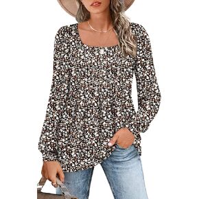 Zwurew Women's Puff Long Sleeve Shirts 2023 Trendy Scoop Neck Loose Fit Blouses Pleated Flowy Tunic Tops S-2XL