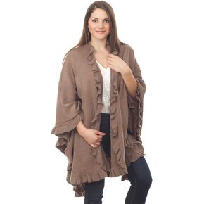 Fennco Styles Women's Ruffle Trim Knit Open Front Poncho Cape Shawl - Fall Wrap Jacket, Cozy and Stylish Layering Piece