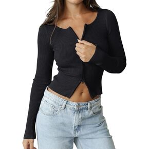 REORIA Womens Fall Trendy Double Zip Up Long Sleeve Soft Knit Lightweight Cropped Cardigan Sweaters