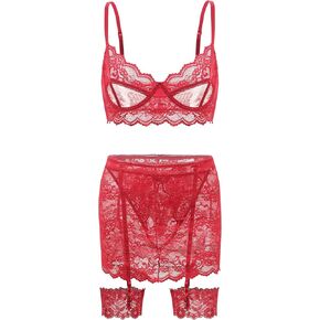 Women‘s sexy plus Size Bra and Panty Set 4-Piece Lingerie Set mini Skirt- S-2XL