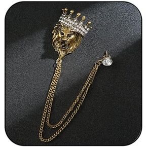 Vintage Leopard Head Chain Brooch Lion Head Rhinestone Crown Fringe Pin Punk Style Cool Animal Head Collar Fringe Suit Pin Men's Shirt Pin Corsage