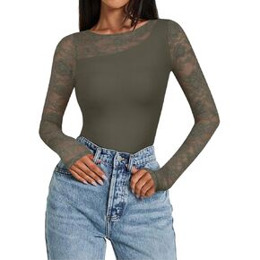 PINKYMSTYLE Womens Round Neck Lace Long Sleeve Bodysuit Sexy Double Lined Going Out Tops Fall Outfits 2024