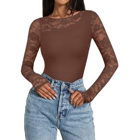 PINKYMSTYLE Womens Round Neck Lace Long Sleeve Bodysuit Sexy Double Lined Going Out Tops Fall Outfits 2024