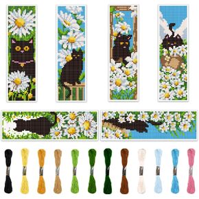 ORIGACH 6 Pcs Cross Stitch Bookmark Kit for Beginner Adults, Cat and Daisy Stamped Embroidery Bookmark Kit with Instruction for Starters Printed Cross Stitch DIY Kits for Book Lovers