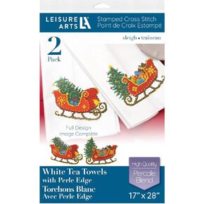 Leisure Arts Tea Towel 17"x28" Sleigh 2pc, Towel Set, Embroidery kit, Bathroom Hand Towels, Kitchen Towel, Cross Stitch Kits, Stamped Cross Stitch Kits