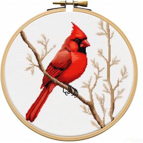 Generic Cartoon Simple Red Cardinal on Branch DIY Stamped Cross Stitch Kits Easy for Beginners and Children with Hoop 11CT Needlepoint Counted Embroidery Kits Art Craft Wall Decoration 12x12inch(2)