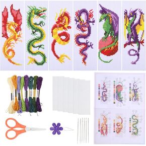 ORIGACH 6 Pcs Cross Stitch Bookmark Kit for Beginner Dragon Pattern Stamped Embroidery Stitch Kits for Starter DIY Bookmarks Printed Cross Stitch Kits with 13 Colors Embroidery Floss
