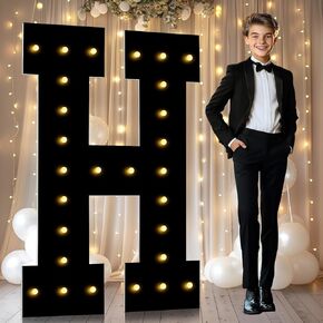 LOBOOM 4 FT Marquee Letters, Black Giant Marquee Light Up Letters H, Large Mosaic Letters Sign 4 Feet Tall for Birthday Party Grad Prom Party Decoration Wedding Event Baby Shower
