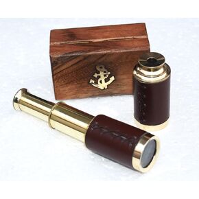 Solid Brass Handheld Telescope 6" Pirate Spy Glass Vintage Telescope, Antique Monocular Pirate Decor Brass Decorative with Wooden Box