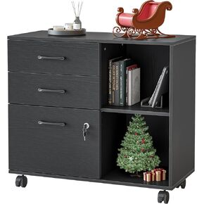 FEZIBO File Cabinets for Home Office, Printer Stand with Drawers, Locking File Cabinet with Open Storage Shelves, Mobile Lateral Filing Cabinet, Black