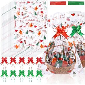 MIMIND 12 Pieces Christmas Large Basket Bags Clear Cellophane Bags 20 x 28 Inch Red Green Basket Bags Clear Thickened Gift Cookie Bags with Red Green Twist Ties, Bows Ribbon for Christmas Gift Baskets
