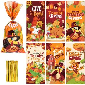 DERAYEE Thanksgiving Treat Bags, 180 Pcs Fall Cellophane Candy Bags Maple Leaves Turkey Pumpkin Goodie Gift Bags for Thanksgiving Party Supplies