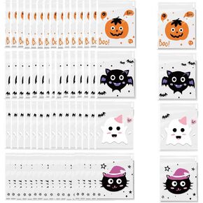 CMJSGG 400 Pcs Halloween Clear Treat Bags Self Adhesive Cookie Bags Trick or Treat Candy Bags Cellophane Bags for Halloween Cookie, Gift, Candy, Snacks Packaging (4 Cute Cartoon Patterns)