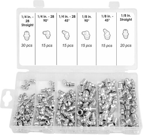 110 pcs Grease Fittings Kit SAE Hydraulic Grease Zerk Assortment: 1/4" 1/8" Straight 45 90 Degree Angled Zerk Fittings Zinc Plated Steel Set in Saudi Arabia