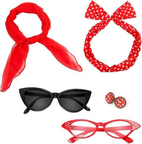 Retro 50's Costume Accessories Set Polka Dot Chiffon Scarf Cat Eye Glasses Bandana Tie Headband & Earrings in Kuwait