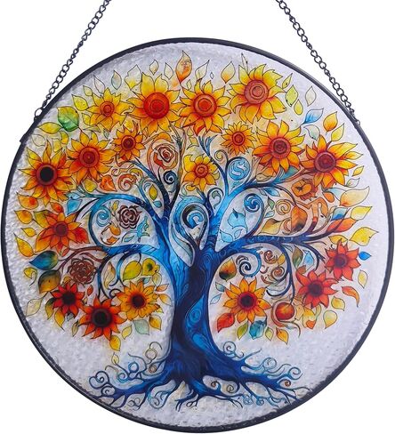 Tree of Life Stained Glass Suncatcher Window Hanging, Sunflower Life Tree Stained Glass Panel, 9.8'' Hand-Painted Suncatchers for Windows Hanging for Women in Saudi Arabia