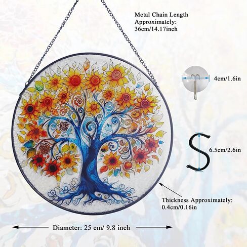 Tree of Life Stained Glass Suncatcher Window Hanging, Sunflower Life Tree Stained Glass Panel, 9.8'' Hand-Painted Suncatchers for Windows Hanging for Women in Saudi Arabia