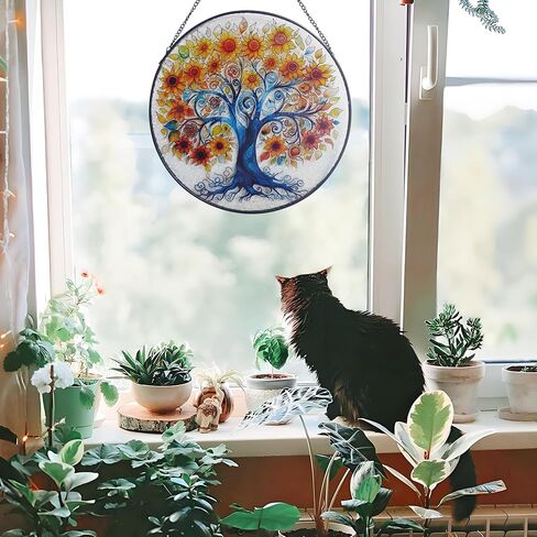 Tree of Life Stained Glass Suncatcher Window Hanging, Sunflower Life Tree Stained Glass Panel, 9.8'' Hand-Painted Suncatchers for Windows Hanging for Women in Saudi Arabia