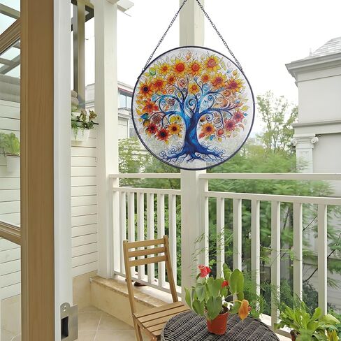Tree of Life Stained Glass Suncatcher Window Hanging, Sunflower Life Tree Stained Glass Panel, 9.8'' Hand-Painted Suncatchers for Windows Hanging for Women in Saudi Arabia