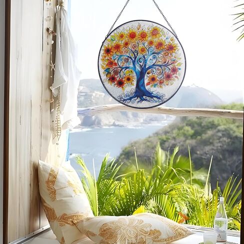 Tree of Life Stained Glass Suncatcher Window Hanging, Sunflower Life Tree Stained Glass Panel, 9.8'' Hand-Painted Suncatchers for Windows Hanging for Women in Saudi Arabia