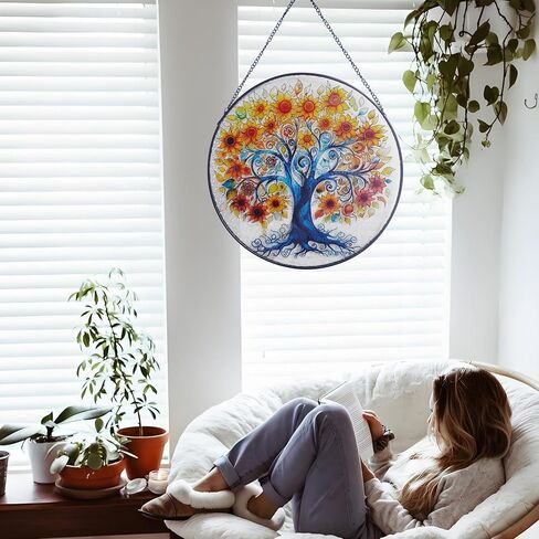 Tree of Life Stained Glass Suncatcher Window Hanging, Sunflower Life Tree Stained Glass Panel, 9.8'' Hand-Painted Suncatchers for Windows Hanging for Women in Saudi Arabia
