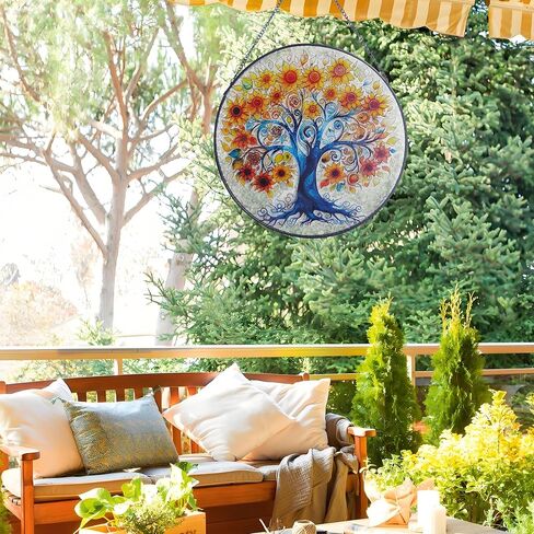 Tree of Life Stained Glass Suncatcher Window Hanging, Sunflower Life Tree Stained Glass Panel, 9.8'' Hand-Painted Suncatchers for Windows Hanging for Women in Saudi Arabia