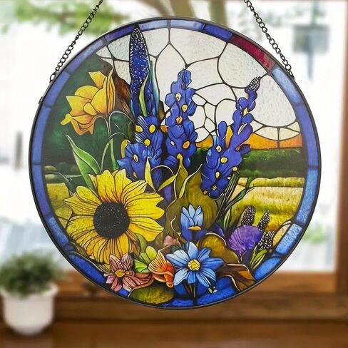 Tree of Life Stained Glass Suncatcher Window Hanging, Sunflower Life Tree Stained Glass Panel, 9.8'' Hand-Painted Suncatchers for Windows Hanging for Women in Saudi Arabia