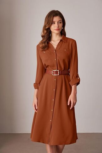 GRACE KARIN Women's Long Sleeve Button Down Shirt Dress Casual Loose Tie Waist Adjustable Sleeve Length Midi Dresses in Saudi Arabia