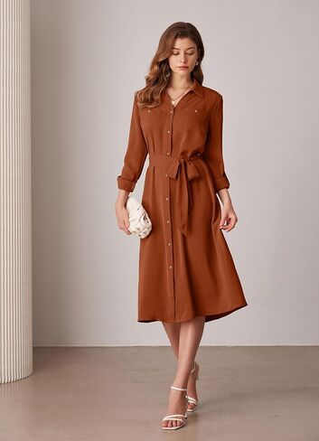 GRACE KARIN Women's Long Sleeve Button Down Shirt Dress Casual Loose Tie Waist Adjustable Sleeve Length Midi Dresses in Saudi Arabia