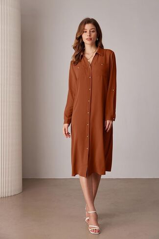 GRACE KARIN Women's Long Sleeve Button Down Shirt Dress Casual Loose Tie Waist Adjustable Sleeve Length Midi Dresses in Saudi Arabia