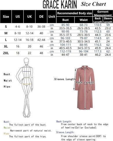 GRACE KARIN Women's Long Sleeve Button Down Shirt Dress Casual Loose Tie Waist Adjustable Sleeve Length Midi Dresses in Saudi Arabia