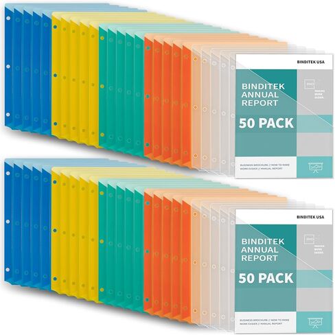 Binditek 50 Pack Poly Slash File Jacket for 3 Ring Binder, Binder Pockets Plastic Jacket, 3 Hole Punch Binder Organizer, Letter Size, 5 Assorted Colors, for Students and Coworkers in Saudi Arabia