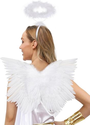 Breezy Valley Angel Wings and Halo للأطفال البالغين - زي أجنحة الملاك من الريش الأبيض مع هالة للنساء والفتيات in Saudi Arabia