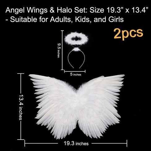 Breezy Valley Angel Wings and Halo للأطفال البالغين - زي أجنحة الملاك من الريش الأبيض مع هالة للنساء والفتيات in Saudi Arabia