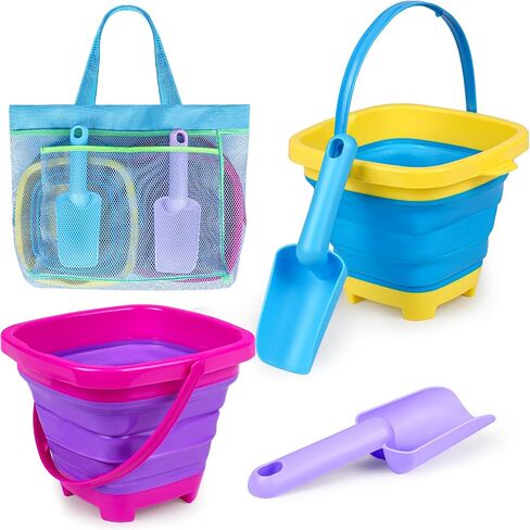 Collapsible Beach Buckets for Kids, Foldable Sand Buckets and Shovels with Mesh Beach Bag, Silicone Beach Sand Pails for Beach Travel, Beach Toys Sand Toys for Kids & Toddlers (2 Buckets) in Saudi Arabia