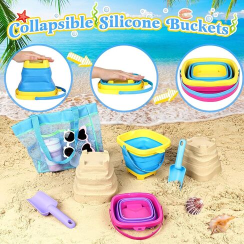 Collapsible Beach Buckets for Kids, Foldable Sand Buckets and Shovels with Mesh Beach Bag, Silicone Beach Sand Pails for Beach Travel, Beach Toys Sand Toys for Kids & Toddlers (2 Buckets) in Saudi Arabia