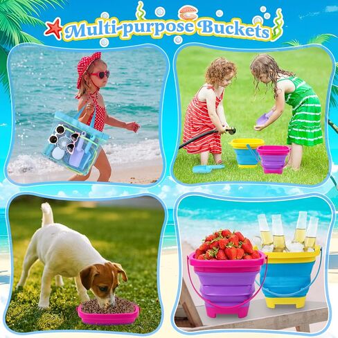 Collapsible Beach Buckets for Kids, Foldable Sand Buckets and Shovels with Mesh Beach Bag, Silicone Beach Sand Pails for Beach Travel, Beach Toys Sand Toys for Kids & Toddlers (2 Buckets) in Saudi Arabia