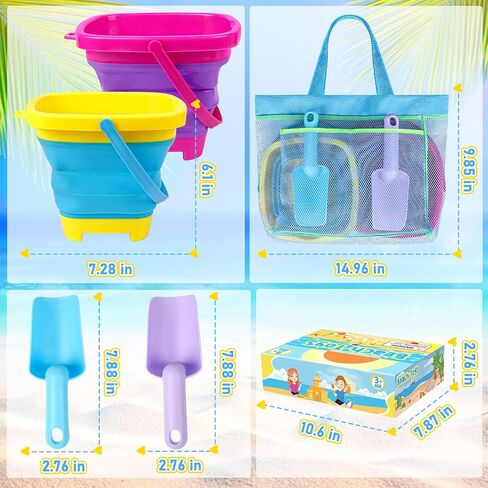 Collapsible Beach Buckets for Kids, Foldable Sand Buckets and Shovels with Mesh Beach Bag, Silicone Beach Sand Pails for Beach Travel, Beach Toys Sand Toys for Kids & Toddlers (2 Buckets) in Saudi Arabia
