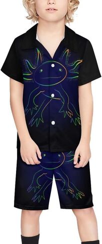 Stylized Rainbow Axolotl Print Boys Beach Swimsuits Set Short Sleeve Button Down Shirt and Swim Trunks Outfit Sets in Saudi Arabia