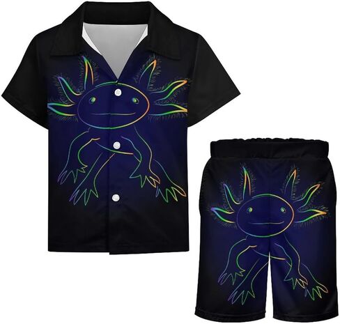 Stylized Rainbow Axolotl Print Boys Beach Swimsuits Set Short Sleeve Button Down Shirt and Swim Trunks Outfit Sets in Saudi Arabia