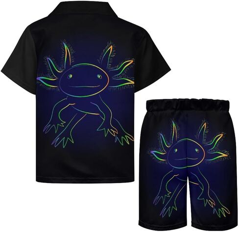 Stylized Rainbow Axolotl Print Boys Beach Swimsuits Set Short Sleeve Button Down Shirt and Swim Trunks Outfit Sets in Saudi Arabia