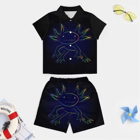 Stylized Rainbow Axolotl Print Boys Beach Swimsuits Set Short Sleeve Button Down Shirt and Swim Trunks Outfit Sets in Saudi Arabia