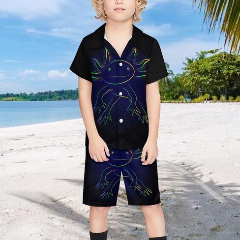 Stylized Rainbow Axolotl Print Boys Beach Swimsuits Set Short Sleeve Button Down Shirt and Swim Trunks Outfit Sets in Saudi Arabia