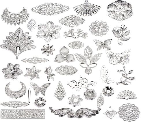 100g Antique Bronze Filigree Connectors Charms Pendants Findings Iron Metal Embellishments for DIY Hairpin Headwear Earring Jewelry Making, Nickel Free in Saudi Arabia
